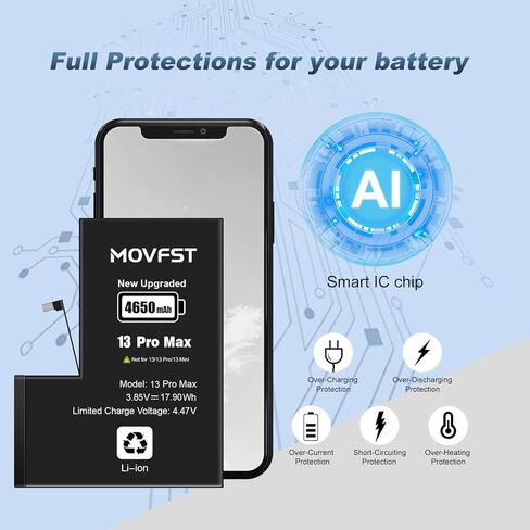 بطارية بديلة لهاتف iPhone 13 Pro Max، بطارية ليثيوم أيون بوليمر عالية السعة 4650 مللي أمبير في الساعة تناسب هاتف iPhone 13 Pro Max موديل A2645 A2644 A2643 A2641 A2484 مع مجموعة أدوات إصلاح in Kuwait