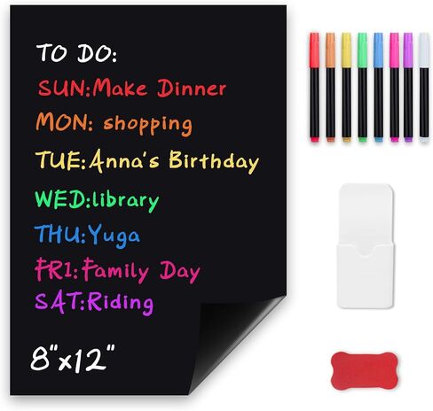 Uinkit Magnetic Black Dry Erase Board Sheet for Refrigerator 12''x8'' Small Blackboard Organizer and Planner for Fridge Includes 8 Markers, 1 Magnetic Pen Holder, and 1 Eraser for Family, Kitchen in Saudi Arabia