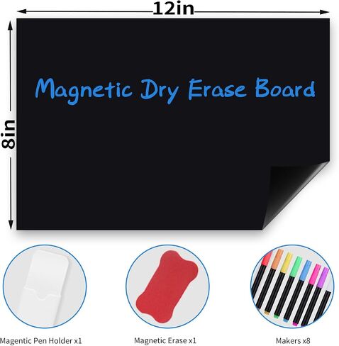 Uinkit Magnetic Black Dry Erase Board Sheet for Refrigerator 12''x8'' Small Blackboard Organizer and Planner for Fridge Includes 8 Markers, 1 Magnetic Pen Holder, and 1 Eraser for Family, Kitchen in Saudi Arabia
