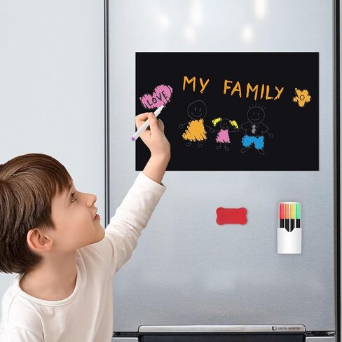 Uinkit Magnetic Black Dry Erase Board Sheet for Refrigerator 12''x8'' Small Blackboard Organizer and Planner for Fridge Includes 8 Markers, 1 Magnetic Pen Holder, and 1 Eraser for Family, Kitchen in Saudi Arabia