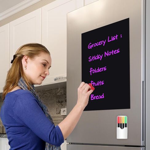 Uinkit Magnetic Black Dry Erase Board Sheet for Refrigerator 12''x8'' Small Blackboard Organizer and Planner for Fridge Includes 8 Markers, 1 Magnetic Pen Holder, and 1 Eraser for Family, Kitchen in Saudi Arabia