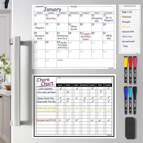 Magnetic Chore Chart for Kids Dry Erase Chore Chart for Adults 13" X 17" Behavior Reward Multiple Kids Chores Board Monthly Weekly Planner Magnetic Calendar For fridge Shopping List 6 Markers Included in Saudi Arabia