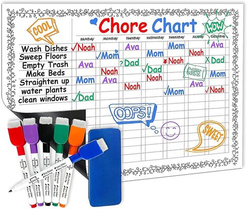 Magnetic Chore Chart for Kids Dry Erase Chore Chart for Adults 13" X 17" Behavior Reward Multiple Kids Chores Board Monthly Weekly Planner Magnetic Calendar For fridge Shopping List 6 Markers Included in Saudi Arabia