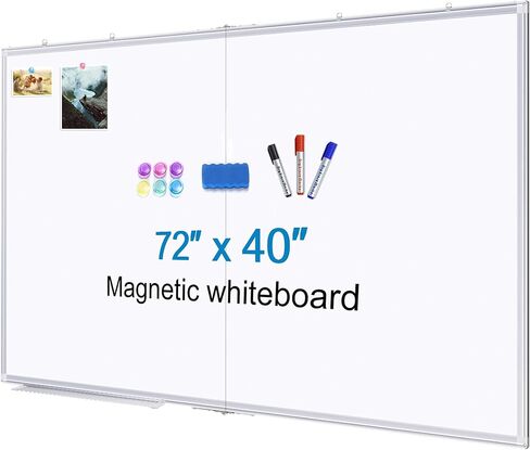 سبورة بيضاء كبيرة للجدار، لوحة مسح جافة مغناطيسية maxtek مقاس 72 × 40 بوصة، لوحة بيضاء مثبتة على الحائط، لوحة علامة مذكرة للرسائل قابلة للطي مع صينية قلم تحديد، ممحاة واحدة، 3 علامات و6 مغناطيسات in Kuwait