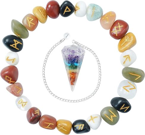 مجموعة أحجار رونية منقوشة من أحجار شاكرا المختلطة (25 قطعة) 950+ قيراط مع حروف أبجدية فوثارك القديمة ومجموعة شفاء للتأمل والتأمل من سبعة شاكرا البندول الحجم: 15-20 ملم in Kuwait