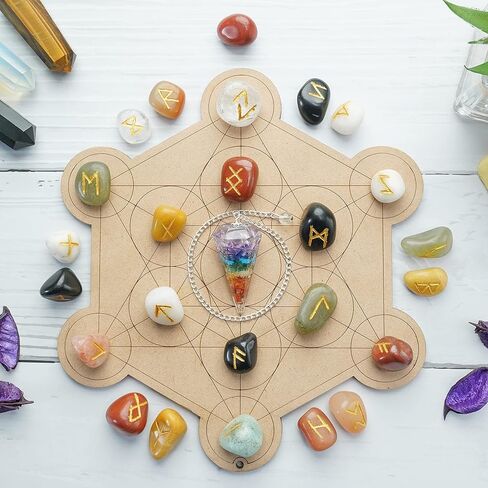 مجموعة أحجار رونية منقوشة من أحجار شاكرا المختلطة (25 قطعة) 950+ قيراط مع حروف أبجدية فوثارك القديمة ومجموعة شفاء للتأمل والتأمل من سبعة شاكرا البندول الحجم: 15-20 ملم in Kuwait