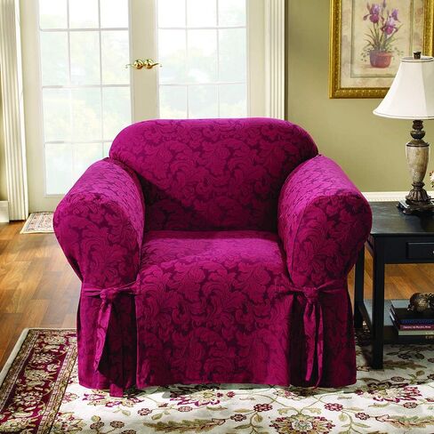 SureFit Home Décor Scroll Chair Cover with Waterfall Skirt and Ties, Relaxed Fit, 100 Percent Cotton, Machine Washable, One Piece, Brown Color in Saudi Arabia