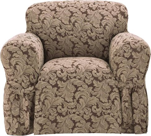 SureFit Home Décor Scroll Chair Cover with Waterfall Skirt and Ties, Relaxed Fit, 100 Percent Cotton, Machine Washable, One Piece, Brown Color in Saudi Arabia