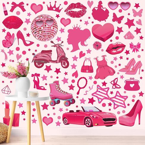 116 Pcs Hot Pink Girl Wall Stickers, Princess Doll Lip Heart Room Decor for Girls Bedroom, Removable Pink Wall Decor, Pink Girls Decorations Decals Sticker, 11.4 x 8.3 Inch, 6 Sheets in Saudi Arabia