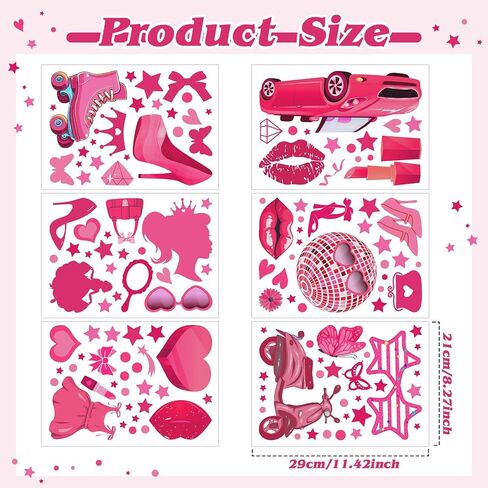 116 Pcs Hot Pink Girl Wall Stickers, Princess Doll Lip Heart Room Decor for Girls Bedroom, Removable Pink Wall Decor, Pink Girls Decorations Decals Sticker, 11.4 x 8.3 Inch, 6 Sheets in Saudi Arabia