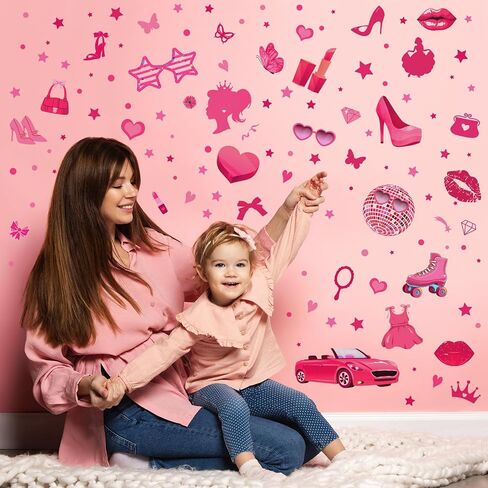 116 Pcs Hot Pink Girl Wall Stickers, Princess Doll Lip Heart Room Decor for Girls Bedroom, Removable Pink Wall Decor, Pink Girls Decorations Decals Sticker, 11.4 x 8.3 Inch, 6 Sheets in Saudi Arabia