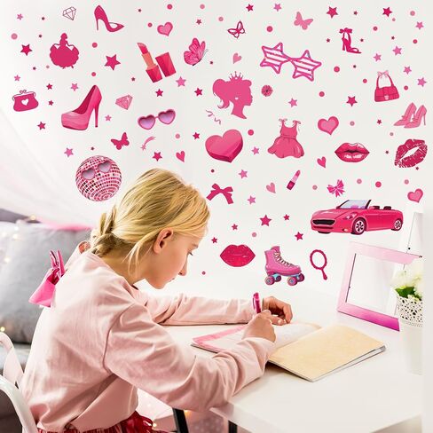 116 Pcs Hot Pink Girl Wall Stickers, Princess Doll Lip Heart Room Decor for Girls Bedroom, Removable Pink Wall Decor, Pink Girls Decorations Decals Sticker, 11.4 x 8.3 Inch, 6 Sheets in Saudi Arabia