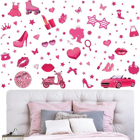 116 Pcs Hot Pink Girl Wall Stickers, Princess Doll Lip Heart Room Decor for Girls Bedroom, Removable Pink Wall Decor, Pink Girls Decorations Decals Sticker, 11.4 x 8.3 Inch, 6 Sheets in Saudi Arabia