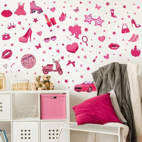 116 Pcs Hot Pink Girl Wall Stickers, Princess Doll Lip Heart Room Decor for Girls Bedroom, Removable Pink Wall Decor, Pink Girls Decorations Decals Sticker, 11.4 x 8.3 Inch, 6 Sheets in Saudi Arabia