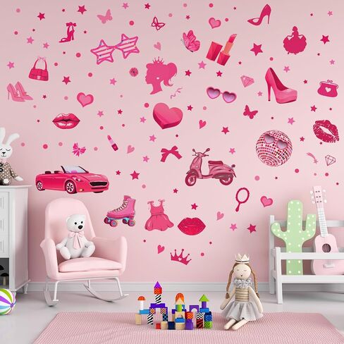 116 Pcs Hot Pink Girl Wall Stickers, Princess Doll Lip Heart Room Decor for Girls Bedroom, Removable Pink Wall Decor, Pink Girls Decorations Decals Sticker, 11.4 x 8.3 Inch, 6 Sheets in Saudi Arabia