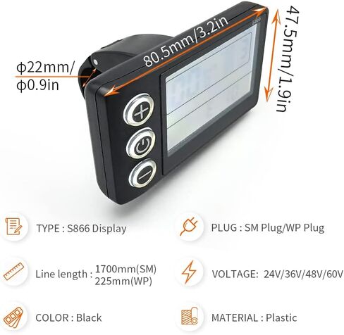Electric Bicycle LCD S866 Display Meter, 24V 36V 48V 60V E-Bike Display Meter Control Panel with SM/Waterproof Plug in Saudi Arabia