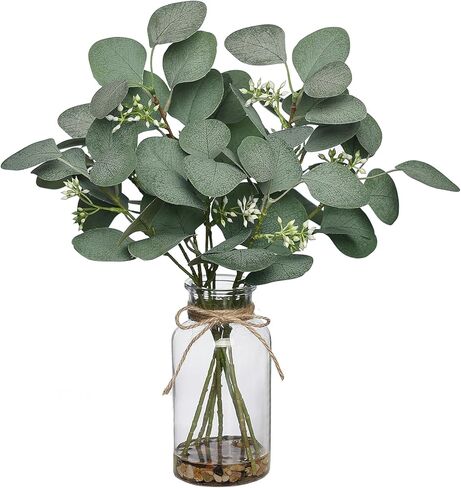 FOTEEWL 15" Artificial Eucalyptus Stems in Glass Vase with Faux Water Contains Small Stones,Fake Plant Greenery for Centerpiece Table Decorations Office Farmhouse Bathroom Kitchen Home Decor (Green) in Kuwait