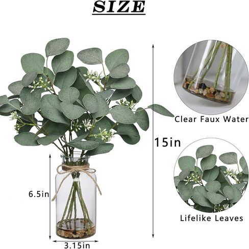 FOTEEWL 15" Artificial Eucalyptus Stems in Glass Vase with Faux Water Contains Small Stones,Fake Plant Greenery for Centerpiece Table Decorations Office Farmhouse Bathroom Kitchen Home Decor (Green) in Kuwait