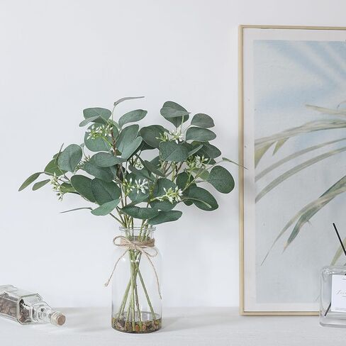 FOTEEWL 15" Artificial Eucalyptus Stems in Glass Vase with Faux Water Contains Small Stones,Fake Plant Greenery for Centerpiece Table Decorations Office Farmhouse Bathroom Kitchen Home Decor (Green) in Kuwait