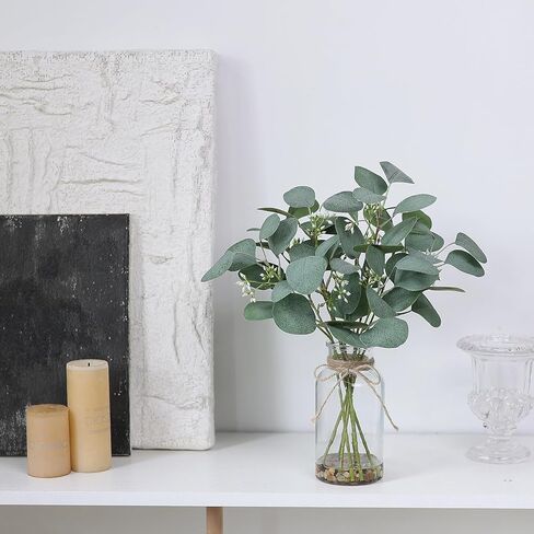 FOTEEWL 15" Artificial Eucalyptus Stems in Glass Vase with Faux Water Contains Small Stones,Fake Plant Greenery for Centerpiece Table Decorations Office Farmhouse Bathroom Kitchen Home Decor (Green) in Kuwait