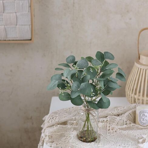 FOTEEWL 15" Artificial Eucalyptus Stems in Glass Vase with Faux Water Contains Small Stones,Fake Plant Greenery for Centerpiece Table Decorations Office Farmhouse Bathroom Kitchen Home Decor (Green) in Kuwait