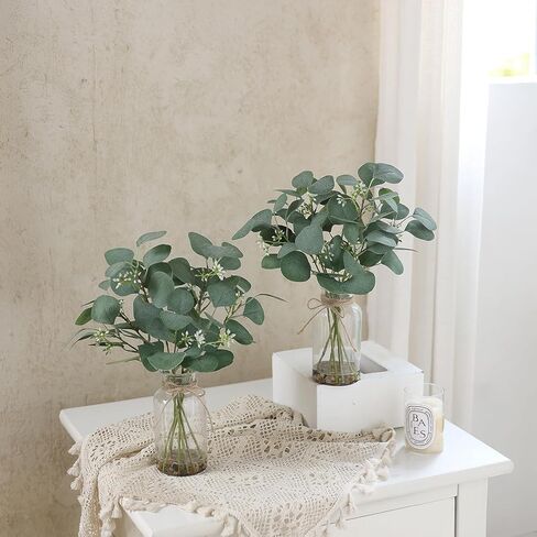 FOTEEWL 15" Artificial Eucalyptus Stems in Glass Vase with Faux Water Contains Small Stones,Fake Plant Greenery for Centerpiece Table Decorations Office Farmhouse Bathroom Kitchen Home Decor (Green) in Kuwait