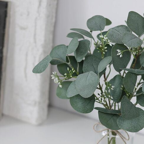 FOTEEWL 15" Artificial Eucalyptus Stems in Glass Vase with Faux Water Contains Small Stones,Fake Plant Greenery for Centerpiece Table Decorations Office Farmhouse Bathroom Kitchen Home Decor (Green) in Kuwait