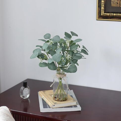 FOTEEWL 15" Artificial Eucalyptus Stems in Glass Vase with Faux Water Contains Small Stones,Fake Plant Greenery for Centerpiece Table Decorations Office Farmhouse Bathroom Kitchen Home Decor (Green) in Kuwait