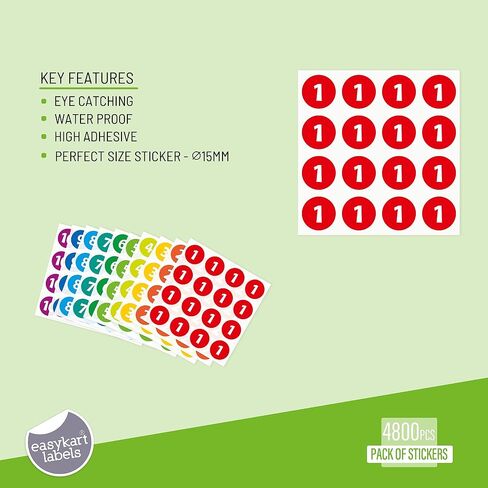 easykart labels 4800 PCS Consecutive Number Stickers 300 Sheets 1-10 Round ColLabels 0.5 Inch Round Self Adhesive Vinyl Number Decals for School, Office, Classroom, Inventory, Storage, Bins, Multi Col in Saudi Arabia