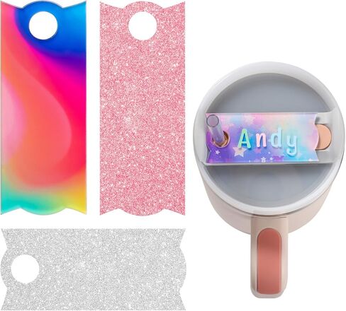 4 PCS Personalized Name Plate for Stanley Cup 40oz, Rainbow Stanley Name Plate 30oz, Stanley Name Tag Glitter Nameplate with Alphabet Sticker, Tumbler Lid Topper, Acrylic Stanley Cup ID Accessories in Saudi Arabia