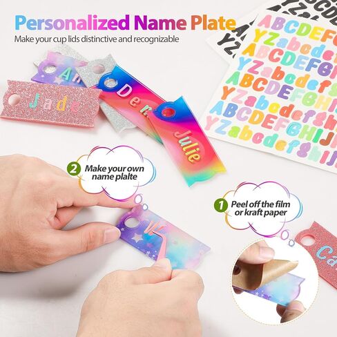 4 PCS Personalized Name Plate for Stanley Cup 40oz, Rainbow Stanley Name Plate 30oz, Stanley Name Tag Glitter Nameplate with Alphabet Sticker, Tumbler Lid Topper, Acrylic Stanley Cup ID Accessories in Saudi Arabia