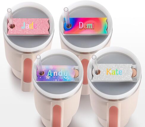 4 PCS Personalized Name Plate for Stanley Cup 40oz, Rainbow Stanley Name Plate 30oz, Stanley Name Tag Glitter Nameplate with Alphabet Sticker, Tumbler Lid Topper, Acrylic Stanley Cup ID Accessories in Saudi Arabia