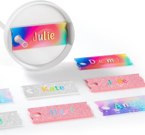 4 PCS Personalized Name Plate for Stanley Cup 40oz, Rainbow Stanley Name Plate 30oz, Stanley Name Tag Glitter Nameplate with Alphabet Sticker, Tumbler Lid Topper, Acrylic Stanley Cup ID Accessories in Saudi Arabia