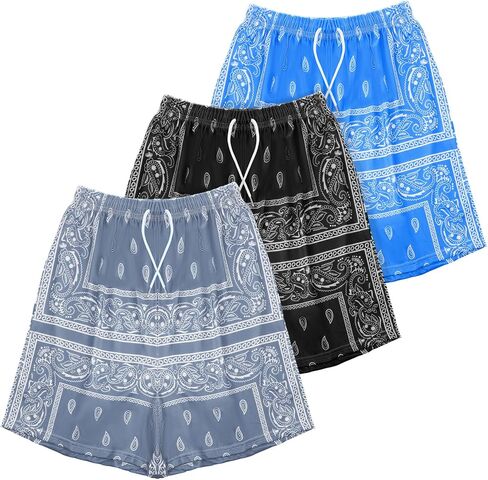Geyoga 3 Pcs Men's Paisley Shorts Drawstring Casual Shorts Graphic Bandana Print Shorts Boho Summer Beach Lightweight Shorts in Saudi Arabia