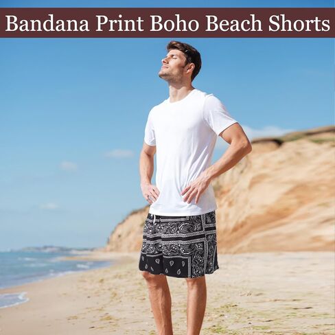 Geyoga 3 Pcs Men's Paisley Shorts Drawstring Casual Shorts Graphic Bandana Print Shorts Boho Summer Beach Lightweight Shorts in Saudi Arabia