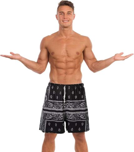 Geyoga 3 Pcs Men's Paisley Shorts Drawstring Casual Shorts Graphic Bandana Print Shorts Boho Summer Beach Lightweight Shorts in Saudi Arabia