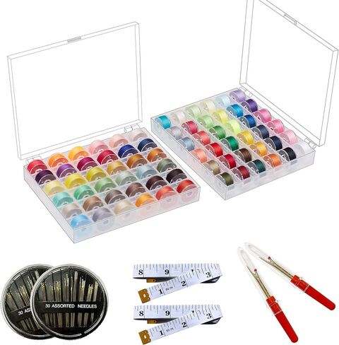 72 PCs Assorted Color Bobbins with Storage case Compatible for Brother, Babylock, Janome and Singer etc (SA156)- 40 Weight- Comes with Soft Tape Measures, Assorted Needles, and Seam Rippers in Saudi Arabia
