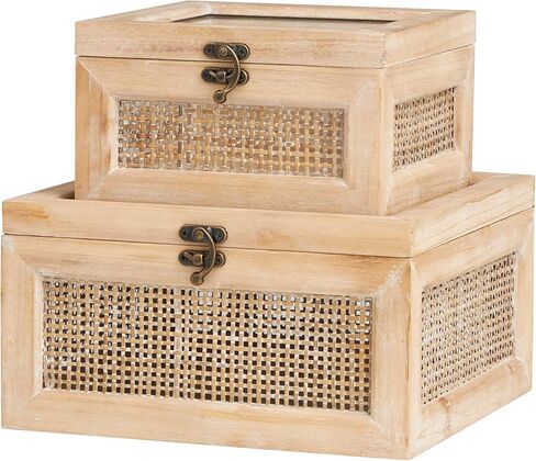 Deco 79 Rattan Handmade Decorative Box Wrapped Oval Storage Decorative Keepsake Boxes with Cane Panels and Tempered Glass Tops, Set of 2 Storage Boxes 12", 10"W, Brown in Kuwait