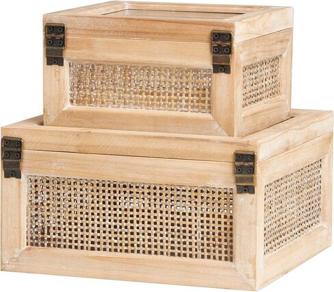 Deco 79 Rattan Handmade Decorative Box Wrapped Oval Storage Decorative Keepsake Boxes with Cane Panels and Tempered Glass Tops, Set of 2 Storage Boxes 12", 10"W, Brown in Kuwait