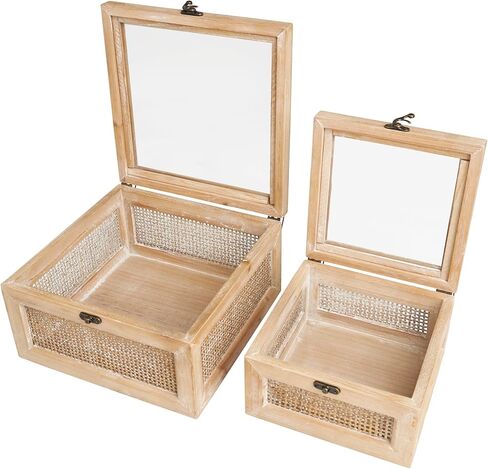 Deco 79 Rattan Handmade Decorative Box Wrapped Oval Storage Decorative Keepsake Boxes with Cane Panels and Tempered Glass Tops, Set of 2 Storage Boxes 12", 10"W, Brown in Kuwait