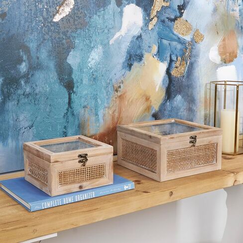 Deco 79 Rattan Handmade Decorative Box Wrapped Oval Storage Decorative Keepsake Boxes with Cane Panels and Tempered Glass Tops, Set of 2 Storage Boxes 12", 10"W, Brown in Kuwait