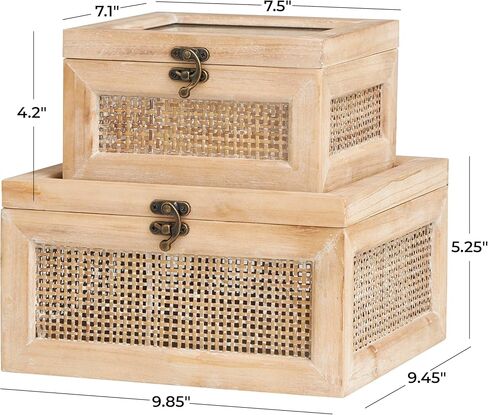 Deco 79 Rattan Handmade Decorative Box Wrapped Oval Storage Decorative Keepsake Boxes with Cane Panels and Tempered Glass Tops, Set of 2 Storage Boxes 12", 10"W, Brown in Kuwait