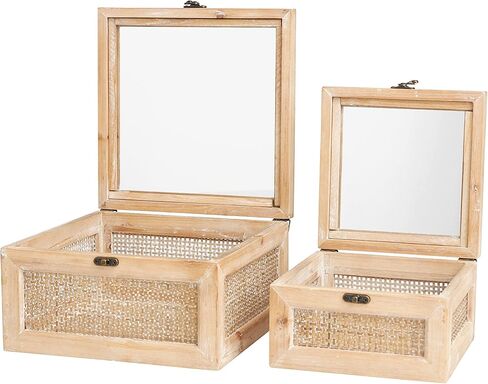 Deco 79 Rattan Handmade Decorative Box Wrapped Oval Storage Decorative Keepsake Boxes with Cane Panels and Tempered Glass Tops, Set of 2 Storage Boxes 12", 10"W, Brown in Kuwait