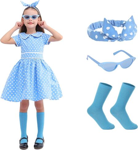 Girls 1950s Dress, Girls Vintage Dress, Retro 50s Costume for Girls, Polka Dot Dress with Headband, Glasses and Socks in Saudi Arabia