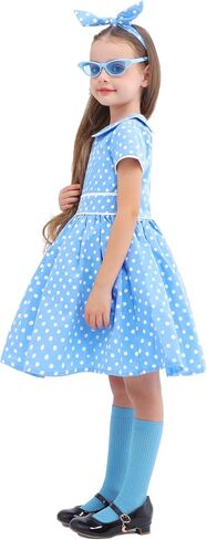 Girls 1950s Dress, Girls Vintage Dress, Retro 50s Costume for Girls, Polka Dot Dress with Headband, Glasses and Socks in Saudi Arabia