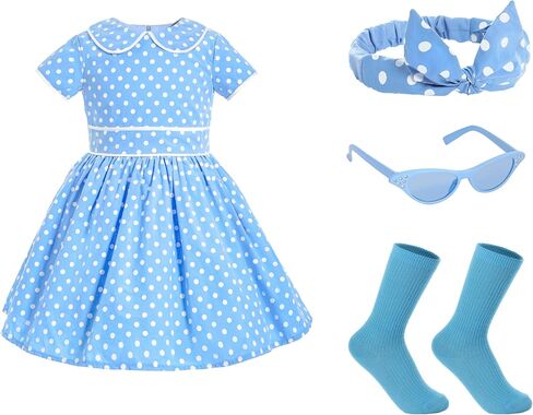 Girls 1950s Dress, Girls Vintage Dress, Retro 50s Costume for Girls, Polka Dot Dress with Headband, Glasses and Socks in Saudi Arabia