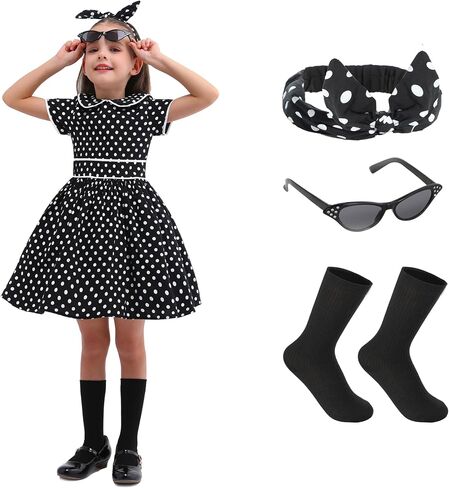 Girls 1950s Dress, Girls Vintage Dress, Retro 50s Costume for Girls, Polka Dot Dress with Headband, Glasses and Socks in Saudi Arabia