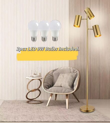 Tree Floor Lamp with 3 Light Bulbs,Gold Standing Tall Pole Lamp with 3 Adjustable Rotating Lights,Farmhouse Floor Lamp for Living Room Bedroom Office,Vintage Standing Lamp 9W E26 LED Bulbs Included in Kuwait
