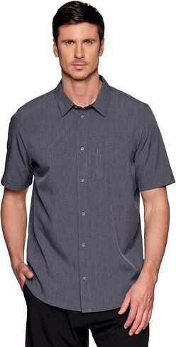 Avalanche Hiking Shirt for Men, Short Sleeve Heathered Stripe Quick Drying Woven Collared Button-Up Shirt, Zipper Pocket in Kuwait