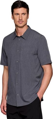 Avalanche Hiking Shirt for Men, Short Sleeve Heathered Stripe Quick Drying Woven Collared Button-Up Shirt, Zipper Pocket in Kuwait